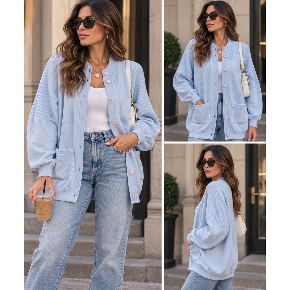Vintage 80s Country Court Blue Oversized Cardigan Sweater M Geometric Knit